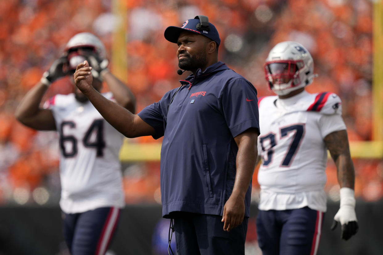 New England Patriots head coach Jerod Mayo watches from the sideline during the second half of an NFL football game against the Cincinnati Bengals, Sunday, Sept. 8, 2024, in Cincinnati. (AP Photo/Carolyn Kaster)