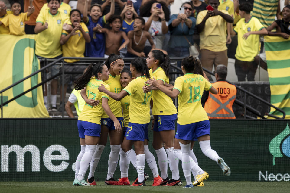 Beatriz Zaneratto João of Brazil celebrates her goal during the International Women's Friendly match between Brazil and Japan on Nov. 30 in Sao Paulo, Brazil. (Photo by Marco Galvão/Eurasia Sport Images/Getty Images)