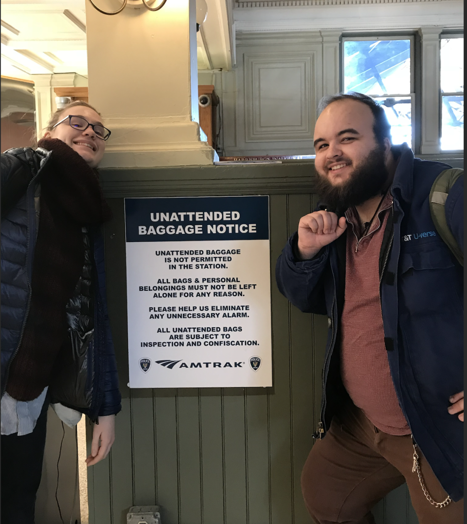 The "Unattended Baggage" sign that inspired a theater company: founding member Emma Howard, Sean Pollock