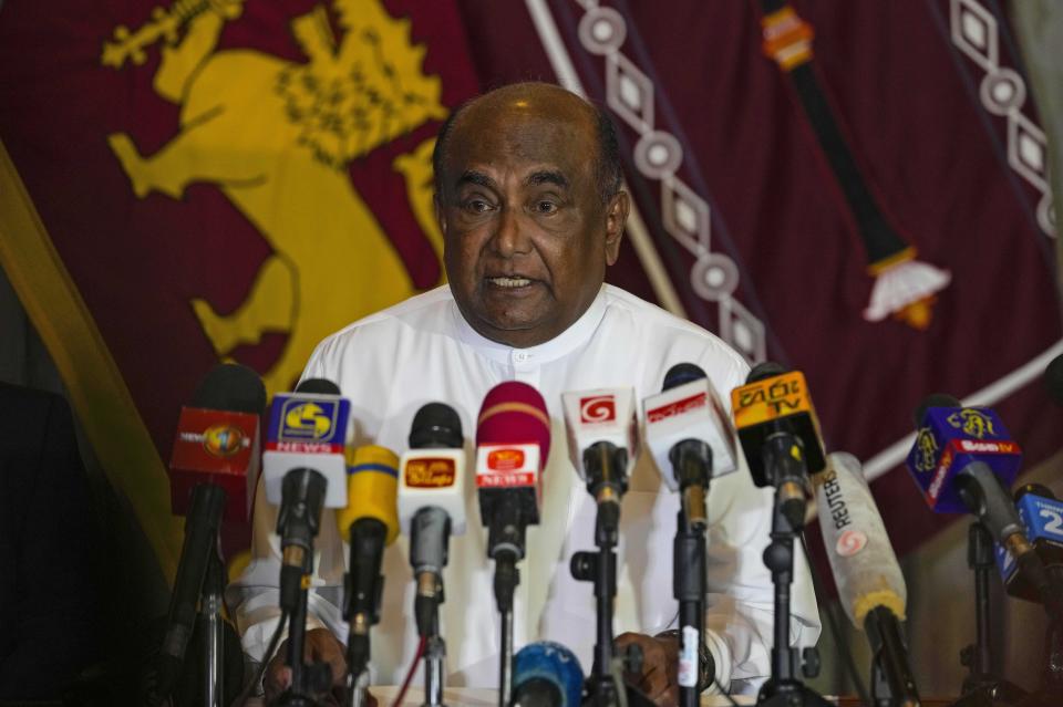 Sri Lanka's Parliament Speaker Mahinda Yapa Abeywardana speaks during a press conference in Colombo, Sri Lanka, Friday, July 15, 2022. Abeywardana says President Gotabaya Rajapaksa has resigned and Parliament will convene to choose a new leader after massive protests took over government buildings to force him out of office. (AP Photo/Rafiq Maqbool)