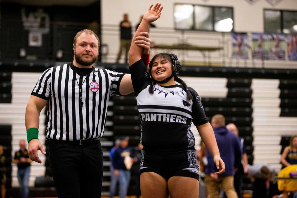 West Ottawa's Isabel Anaya is decared the winner against Hastings Friday, Jan. 20, 2023, at West Ottawa High School. 