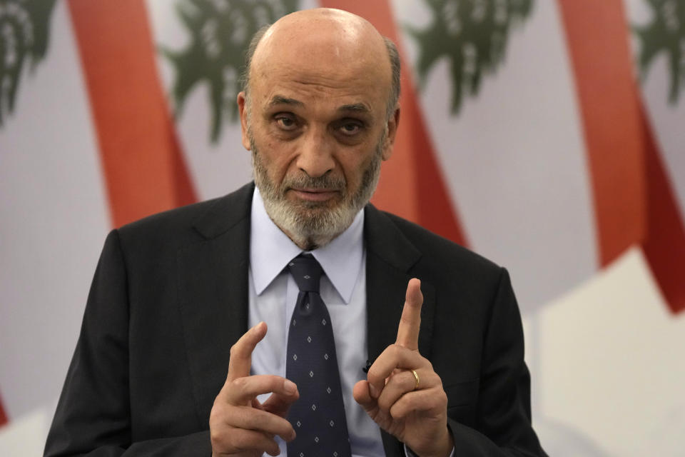 Samir Geagea, leader of the Christian Lebanese Forces party, gestures as he speaks during an interview with the Associated Press, in Maarab east of Beirut, Tuesday, April 30, 2024. Geagea blasted the Shiite militant group Hezbollah for opening a front with Israel to back up its ally Hamas, saying it has harmed Lebanon without making a dent in Israel's crushing offensive in the Gaza Strip. (AP Photo/Hussein Malla)