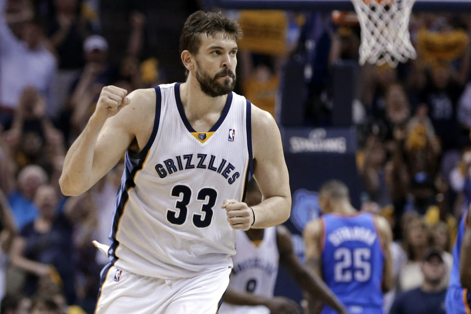 Memphis Grizzlies center Marc Gasol celebrates after scoring against the Oklahoma City Thunder in overtime of Game 3 of an opening-round NBA basketball playoff series Thursday, April 24, 2014, in Memphis, Tenn. The Grizzlies won 98-95. (AP Photo/Mark Humphrey)