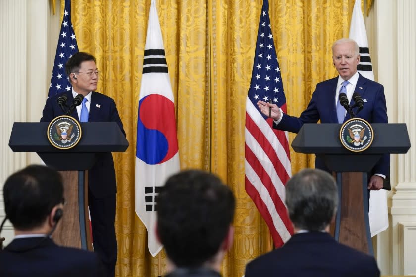 President Joe Biden speaks during a joint news conference with South Korean President Moon Jae-in, in the East Room of the White House, Friday, May 21, 2021, in Washington. (AP Photo/Alex Brandon)