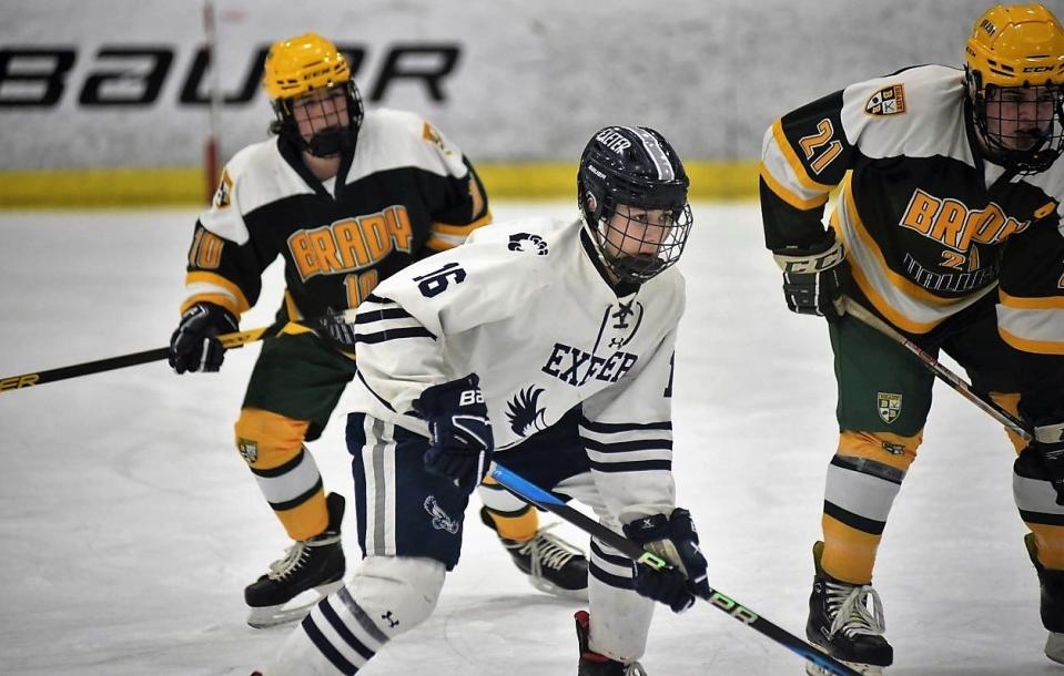 Exeter's Callum Howarth looks for the puck during Saturday's Division I boys hockey game against Bishop Brady/Merrimack Valley/Concord Christian Academy at The Rinks at Exeter. Howarth had two goals and one assist in Exeter's 8-1 win.