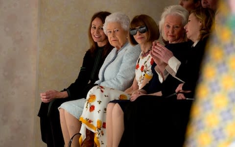 The Queen, Anna Wintour and Angela Kelly at London Fashion Week - Credit: PA