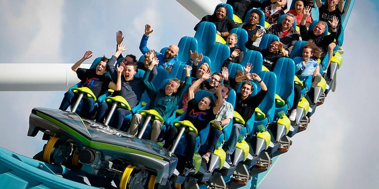 Riders make a turn on Fury 325 at Carowinds in Charlotte, North Carolina, on April 8, 2022. The ride has been closed since a crack formed in one of the support pillars.