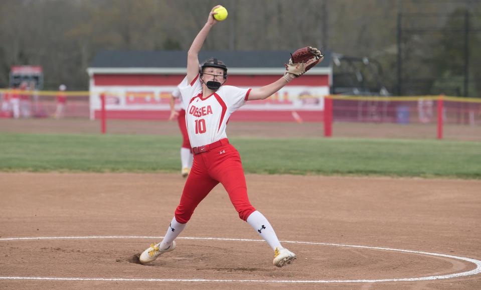 Delsea’s Gianna Dougherty delivers a pitch during the softball game between Delsea and Rancocas Valley played at Delsea Regional High School on Monday, May 2, 2022.  Delsea defeated Rancocas Valley, 6-5.  