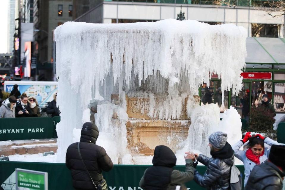 A frozen fountain in New York City's Bryant Park