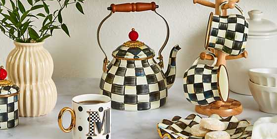 Iconic Black & White Courtly Check Enamel Tea Kettle with Bird