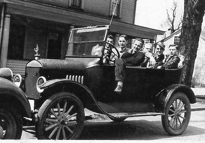 Taking a joy ride, and probably up to no good, are (left to right) George Wingerter Jr., Wayne “Hap” Reed, Glenn Stimmel Jr., Edwin Hart, Wayne Willis and Donald Davis.