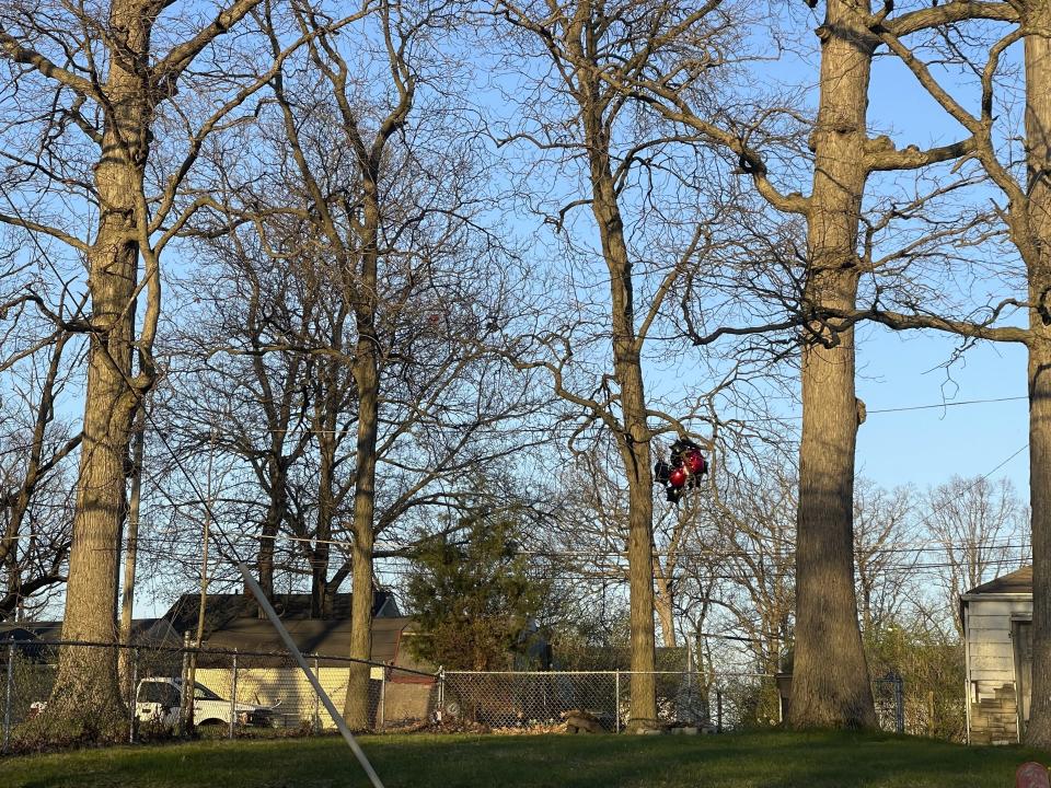 Balloons from a memorial for Tyreece Vachon, 19, who was shot and killed the previous day, are stuck in a tree after a shooting broke out during a memorial at McCormick Park on Wednesday, April 12, 2023, in Fort Wayne, Ind. Multiple people were wounded Wednesday in a shooting at an Indiana park during a memorial, police said.(Corryn Brock/The Journal-Gazette via AP)