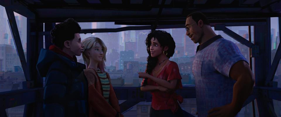 Miles Morales (voiced by Shameik Moore, from left) reunites with Gwen Stacy (Hailee Steinfeld) and introduces her to his parents (Luna Lauren Vélez and Brian Tyree Henry) in the animated superhero sequel "Spider-Man: Across the Spider-Verse."