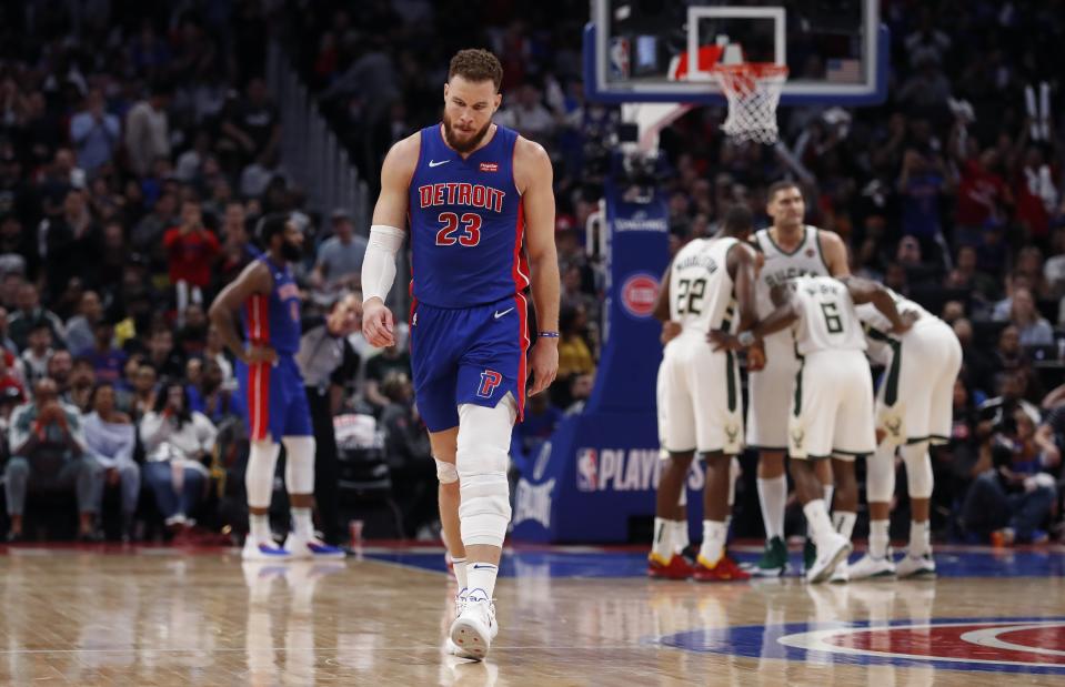 Detroit Pistons forward Blake Griffin walks to the bench after fouling out during the second half of Game 4 of a first-round NBA basketball playoff series against the Milwaukee Bucks, Monday, April 22, 2019, in Detroit. (AP Photo/Carlos Osorio)