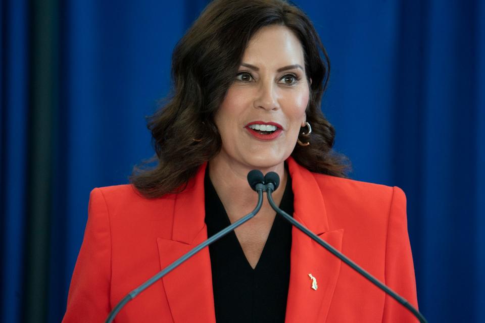 Michigan Gov. Gretchen Whitmer delivers her "What’s Next" Address that outlines her legislative priorities for the fall at the Lansing Shuffle in Lansing on Wednesday, Aug. 30, 2023.