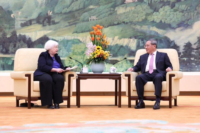 美國財政部長葉倫(Janet Yellen)7日與中國總理李強會面。(X平台/@SecYellen)