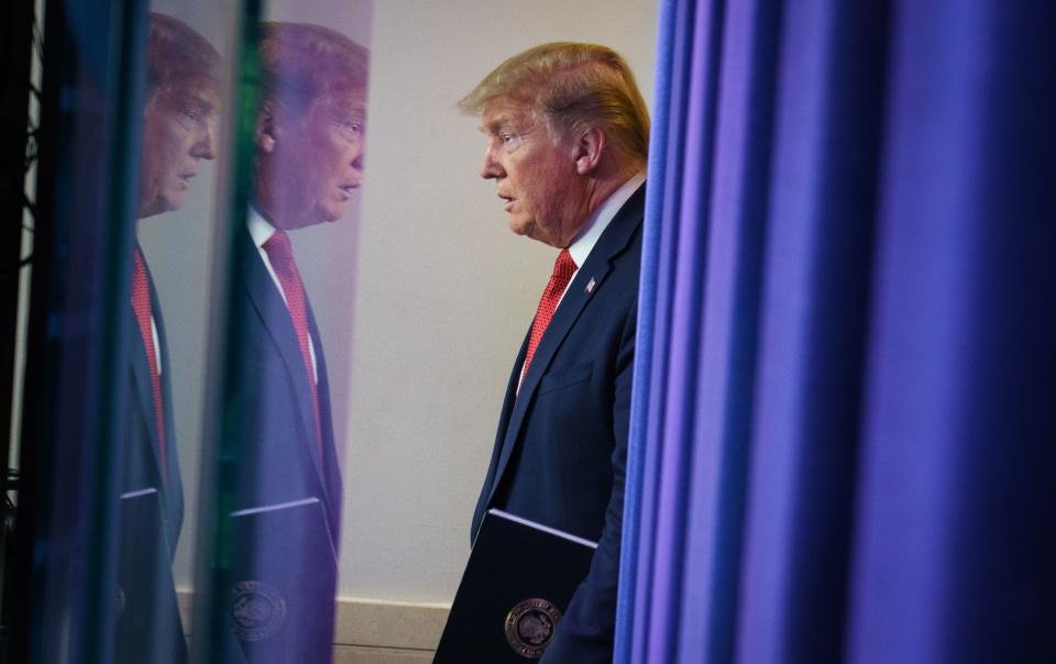 US President Donald Trump arrives for the daily briefing on the novel coronavirus, which causes COVID-19, in the Brady Briefing Room of the White House on April 16, 2020, in Washington, DC. (Photo by MANDEL NGAN / AFP) (Photo by MANDEL NGAN/AFP via Getty Images)