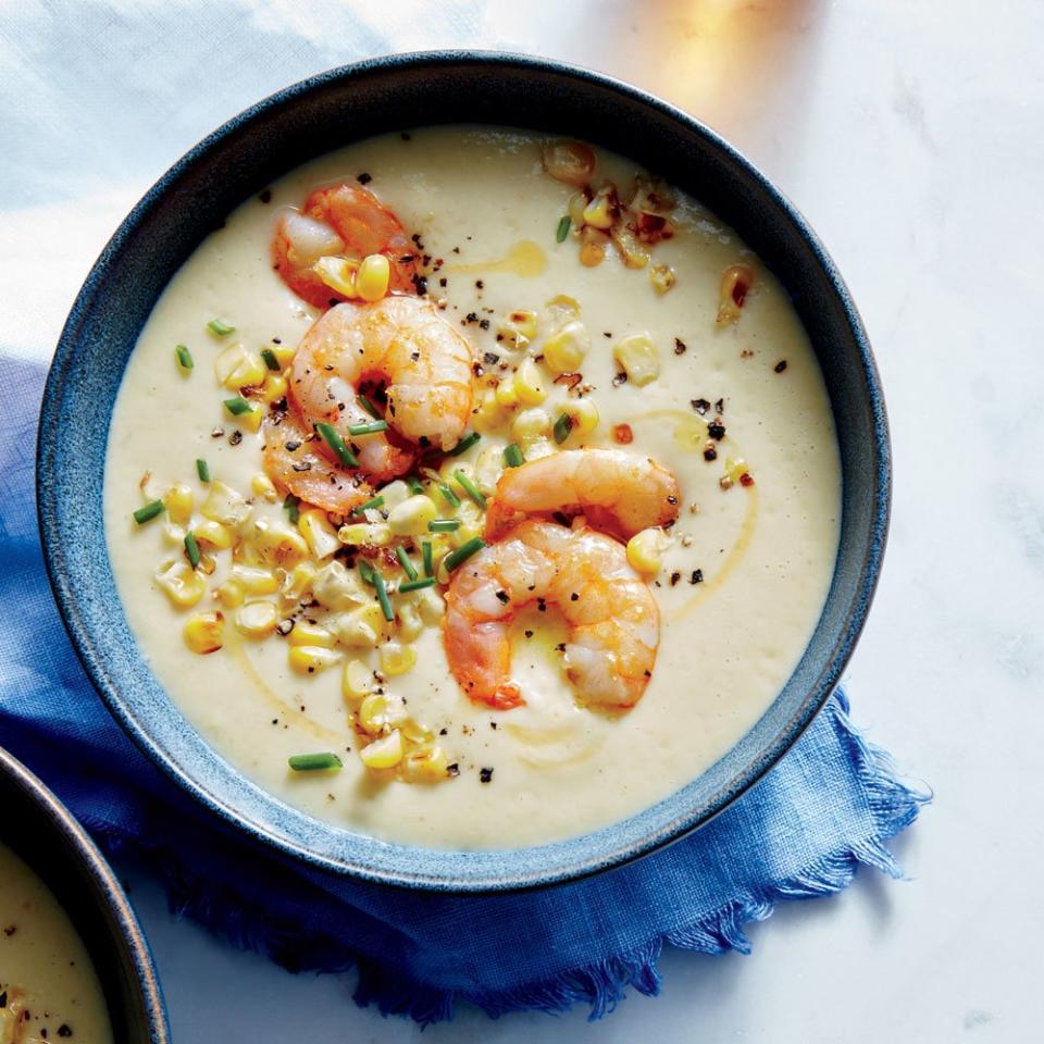 Fresh Corn and Potato Soup With Sautéed Shrimp