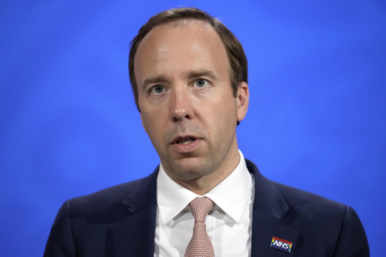 FILE - Britain's Health Secretary Matt Hancock speaks during a coronavirus media briefing in Downing Street in London, Thursday, May 27, 2021. Britain’s former health minister Hancock denied wrongdoing on Wednesday, March 1, 2023, after a newspaper published extracts of private messages he sent in the first weeks of the coronavirus pandemic. (AP Photo/Matt Dunham, Pool, File)