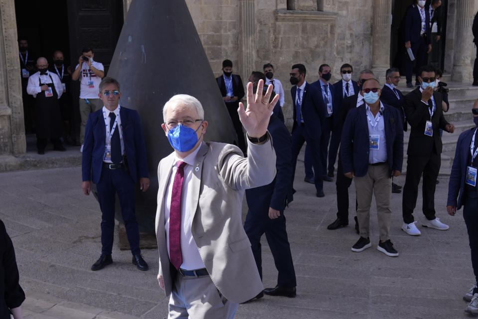 Canada' Foreign Minister Marc Garneau arrives in Matera, Italy, for a G20 foreign affairs ministers' meeting Tuesday, June 29, 2021.(AP Photo/Antonio Calanni)