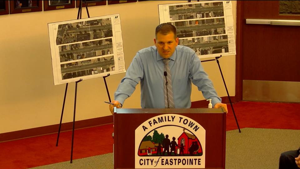 Senior project engineer for Eastpointe's engineering firm Ryan Kern presented two road diet proposals for East Nine Mile at Eastpointe City Council meeting on Tuesday.