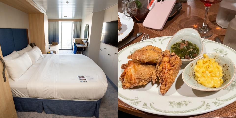 A composite image of a stateroom and a plate with fried chicken.