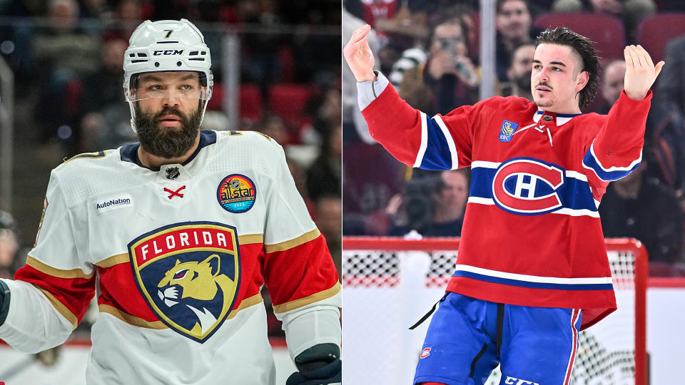 Arber Xhekaj had some choice words for Radko Gudas after the Panthers defeated the Canadiens. (Photos via Getty)