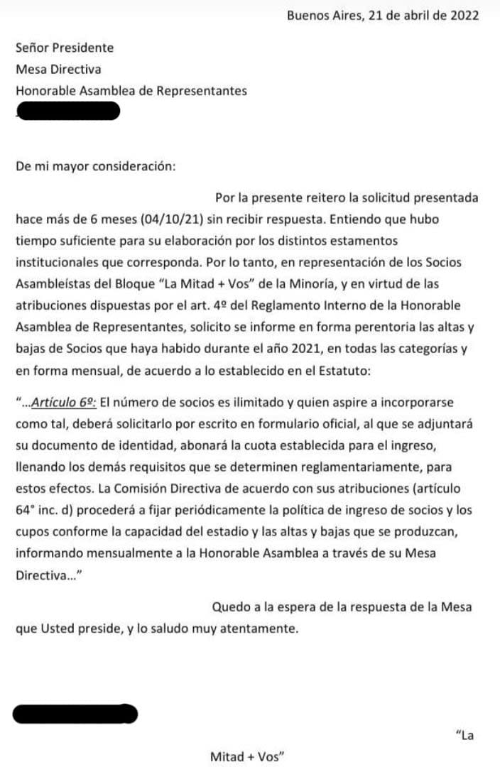 El pedido de explicaciones realizado por la oposición a la actual dirigencia de Boca, en octubre de 2021 y reiterado en 2022.