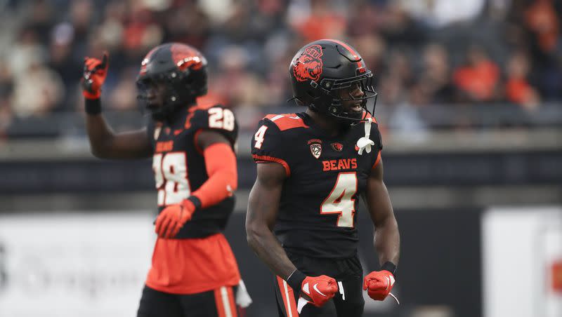 Oregon State defensive back Jaden Robinson (4) reacts during a game against UCLA on Oct. 14, 2023, in Corvallis, Ore.