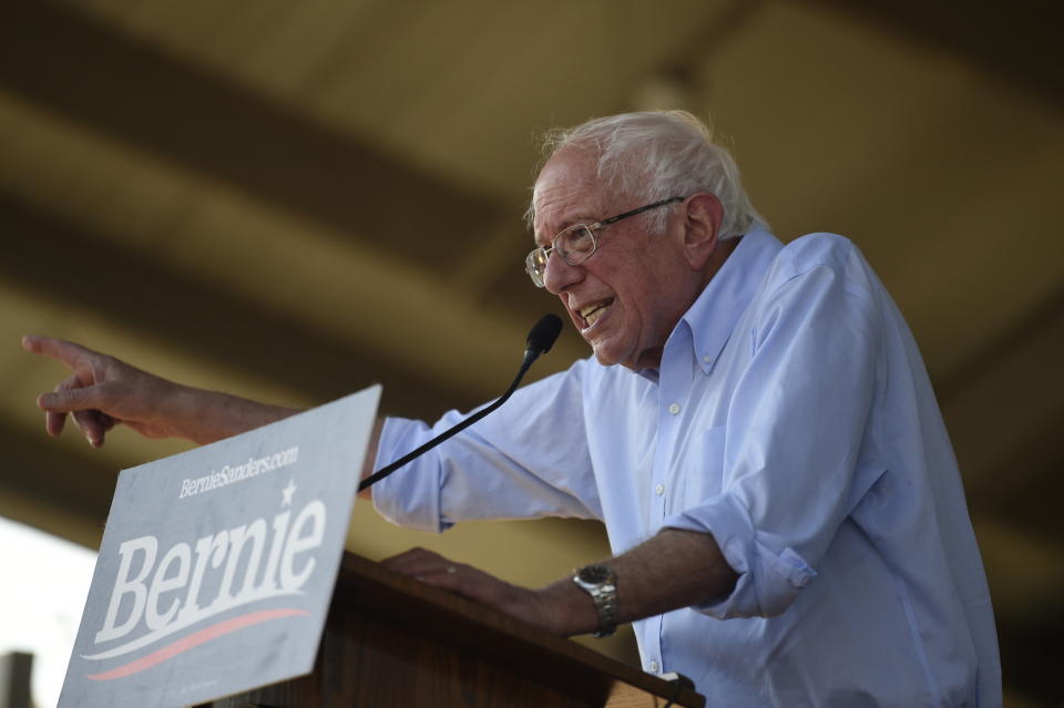 Democratic presidential contender Bernie Sanders addresses a Medicare for All town hall campaign event on Friday, Aug. 30, 2019, in Florence, S.C. (AP Photo/Meg Kinnard)