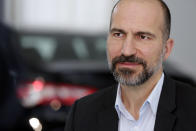 Uber CEO Dara Khosrowshahi listens during an interview after the company's unveiling of the new features in New York, Wednesday, Sept. 5, 2018. Uber is aiming to boost driver and passenger safety in an effort to rebuild trust in the brand. (AP Photo/Richard Drew)