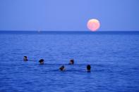 <p>Swimmers off of Swanpool Beach in Falmouth, England, squeezed in a few more minutes of splash time thanks to the bright light of the full moon.</p>