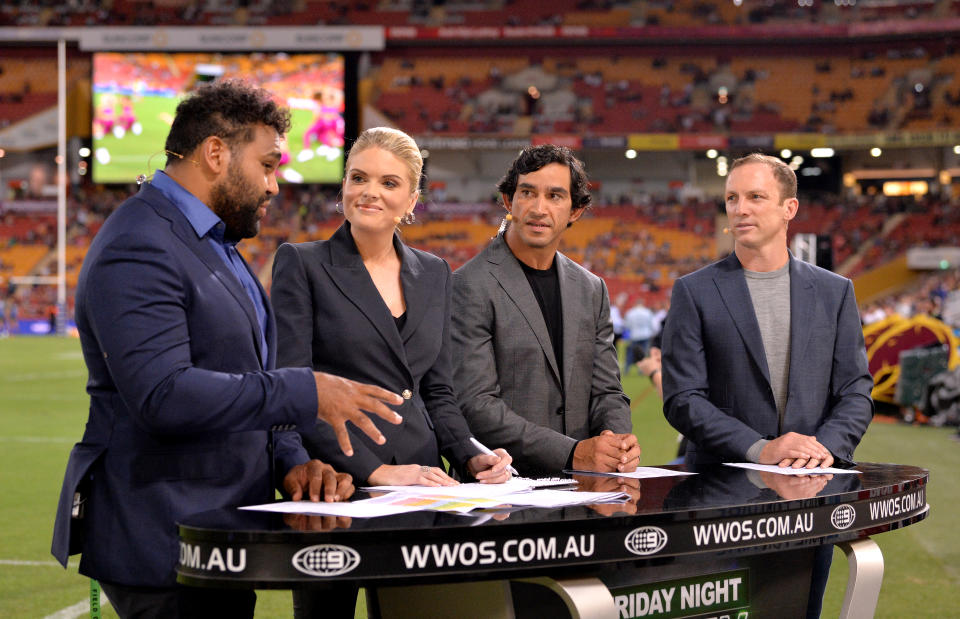 Sam Thaiday, Erin Molan, Jonathan Thurston and Darren Lockyer, pictured here on Channel Nine's NRL coverage in 2019.