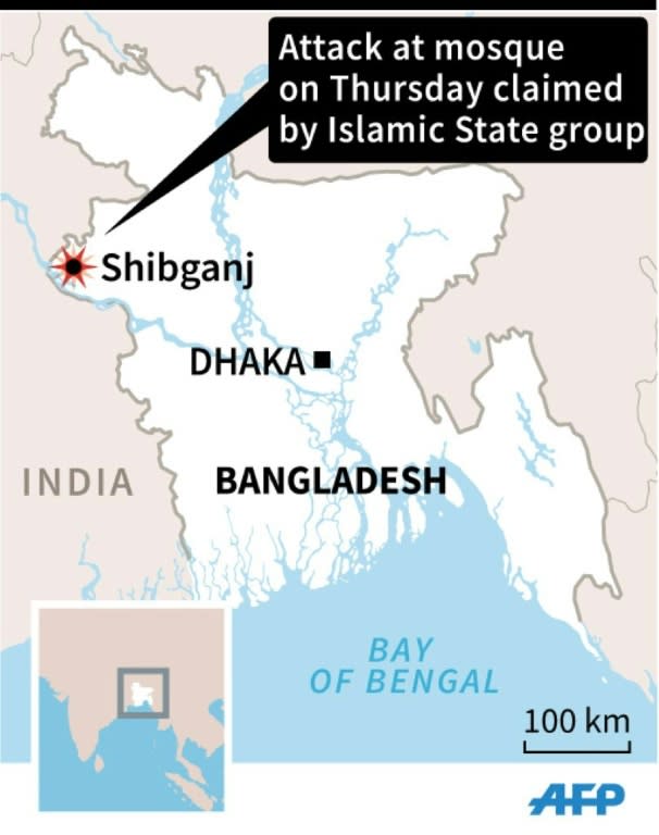 Map of Bangladesh locating an attack on mosque claimed by the Islamic State group. 45 x 57 mm