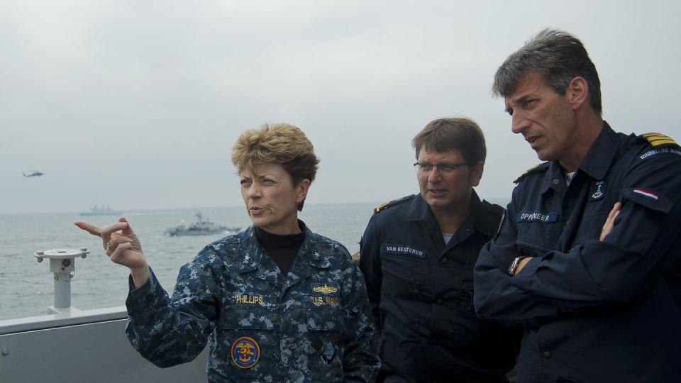 Retired Rear Adm. Ann Phillips is one of several Navy women of her generation who say the repeal 30 years ago of a law banning women from serving aboard surface combatants was a key moment in their career and in achieving gender equality within the Navy. Phillips is shown here in 2013 while commanding Expeditionary Strike Group 2. (Navy)

