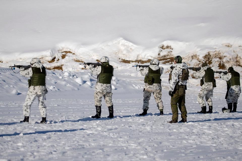 Reservists of the Karelia Brigade shoot with live rounds during the Etel'-Karjala 22 (South Karelia 22) local defense exercise in Taipalsaari, south-eastern Finland, on March 9, 2022.