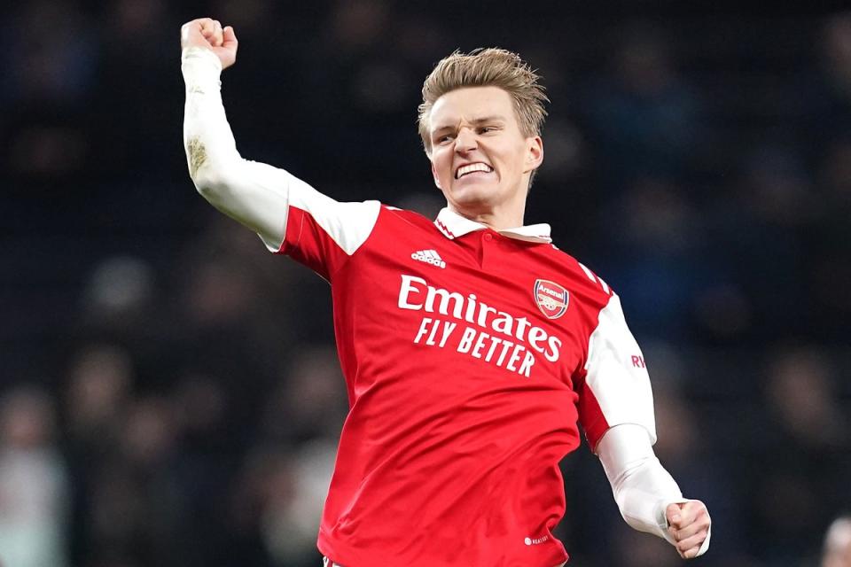 Arsenal captain Martin Odegaard celebrates after the 2-0 win at Tottenham (PA)