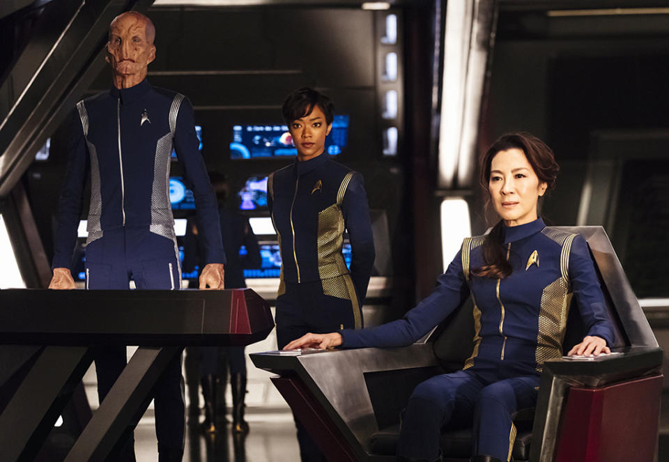 <p>Doug Jones as Lieutenant Saru, Sonequa Martin-Green as First Officer Michael Burnham and Michelle Yeoh as Captain Philippa Georgiou in CBS’s <i>Star Trek: Discovery</i>.<br><br>(Photo: Jan Thijs/CBS) </p>