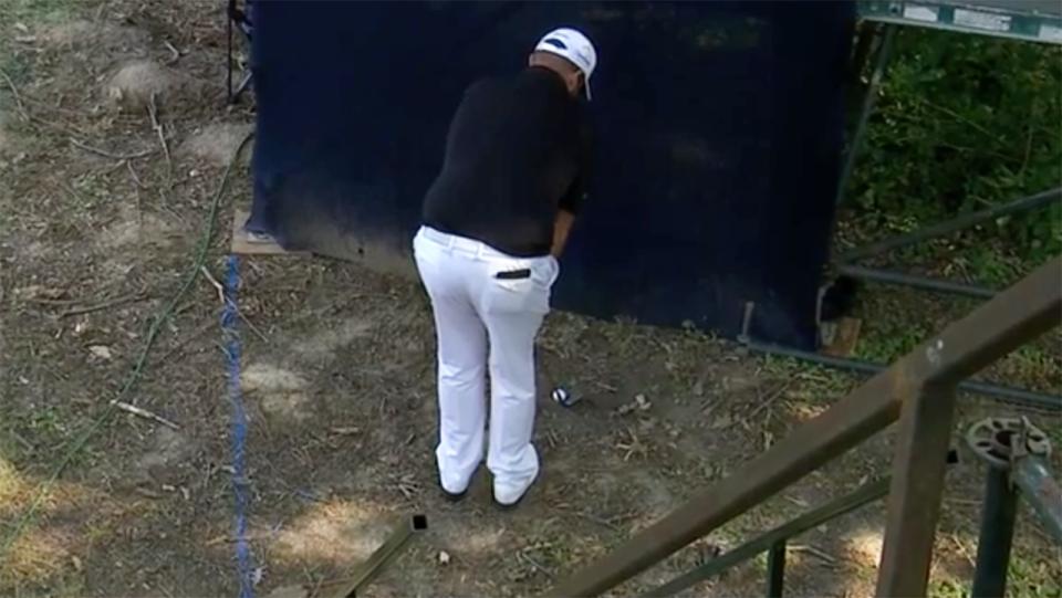 Shane Lowry was forced to hit from behind the tower. Image: Fox Sports