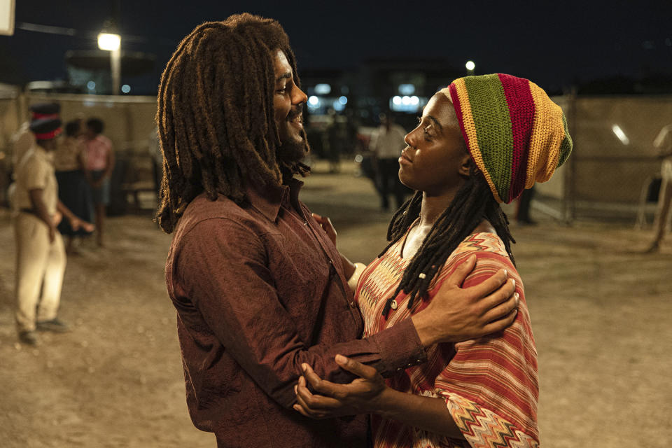 This image released by Paramount Pictures shows Kingsley Ben-Adir, left, and Lashana Lynch in "Bob Marley: One Love." (Chiabella James/Paramount Pictures via AP)