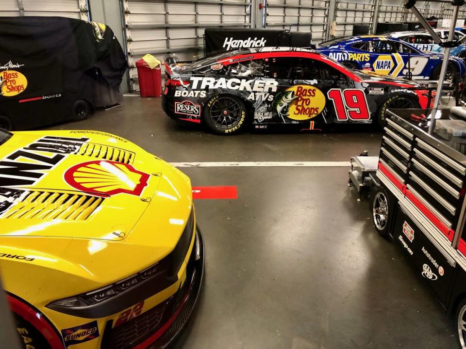 With the Daytona 500 postponed, the cars of several NASCAR drivers sit inside the garage at Daytona International Speedway in Daytona Beach, Fla., on Feb. 18, 2024. The race is scheduled to be run on Monday, Feb. 19th, 2024, at 4 p.m.