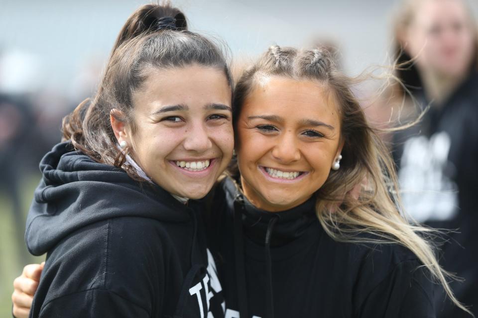 Abby Stoller (right) poses for a photo with her sister, Jackie, during the Walk MS event at Boston University on April 3, 2022. Abby, a 2017 Wayland High graduate and former standout lacrosse player, was diagnosed with multiple sclerosis in November after experiencing numbness on the left side of her body.