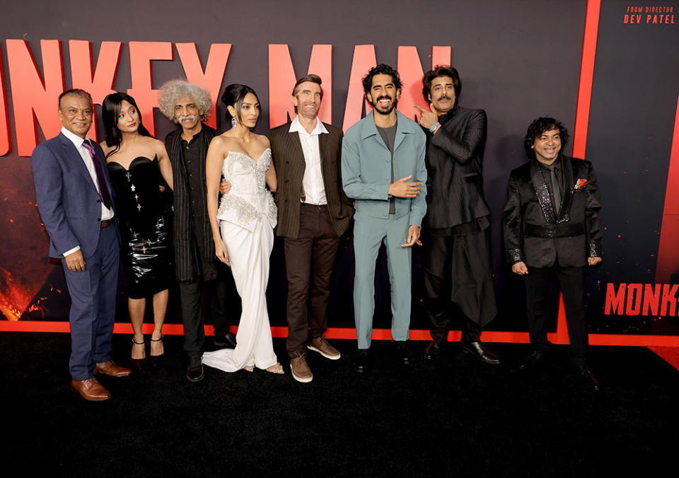 (L-R) Vipin Sharma, Reva Marchellin, Makarand Deshpande, Sobhita Dhulipala, Sharlto Copley, Dev Patel, Sikandar Kher and Pitobash attend the Los Angeles premiere of Universal Pictures' "Monkey Man" at TCL Chinese Theatre on April 03, 2024 in Hollywood, California.