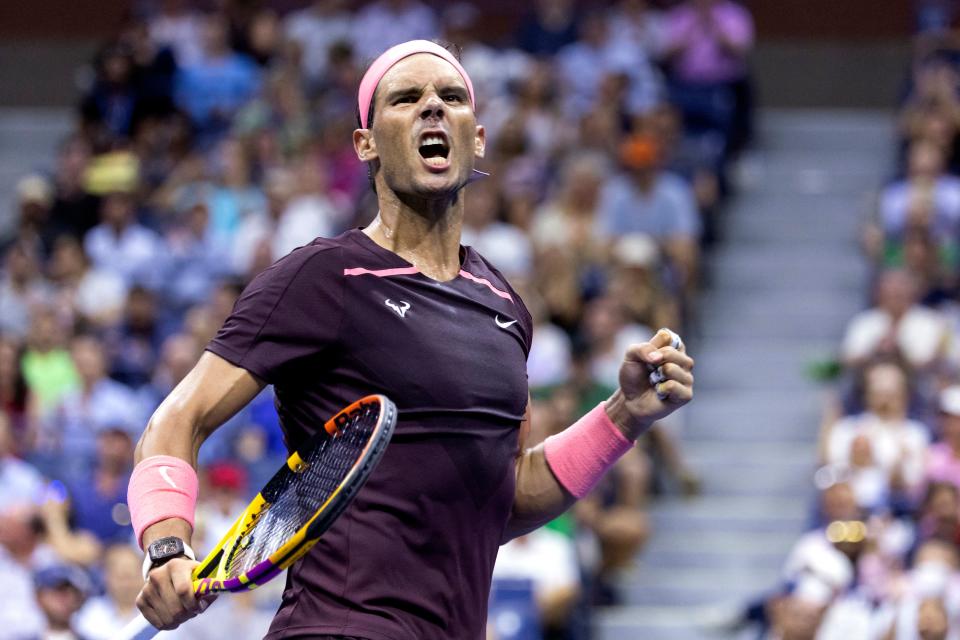 Rafael Nadal (pictured) fist-pumps and celebrates after winning his opening US Open match.