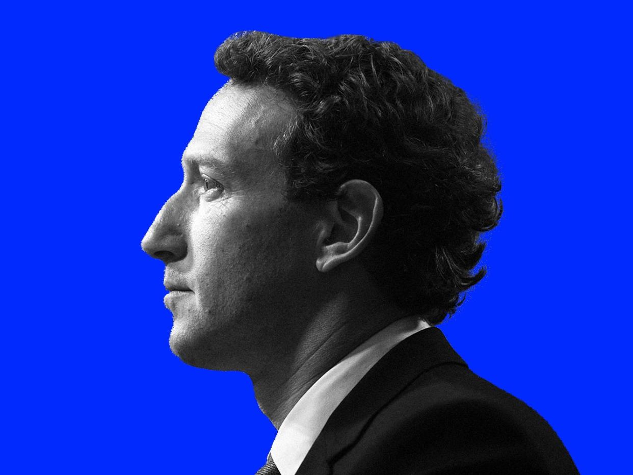 A side-profile headshot of Mark Zuckerberg in black and white, against a blue background.