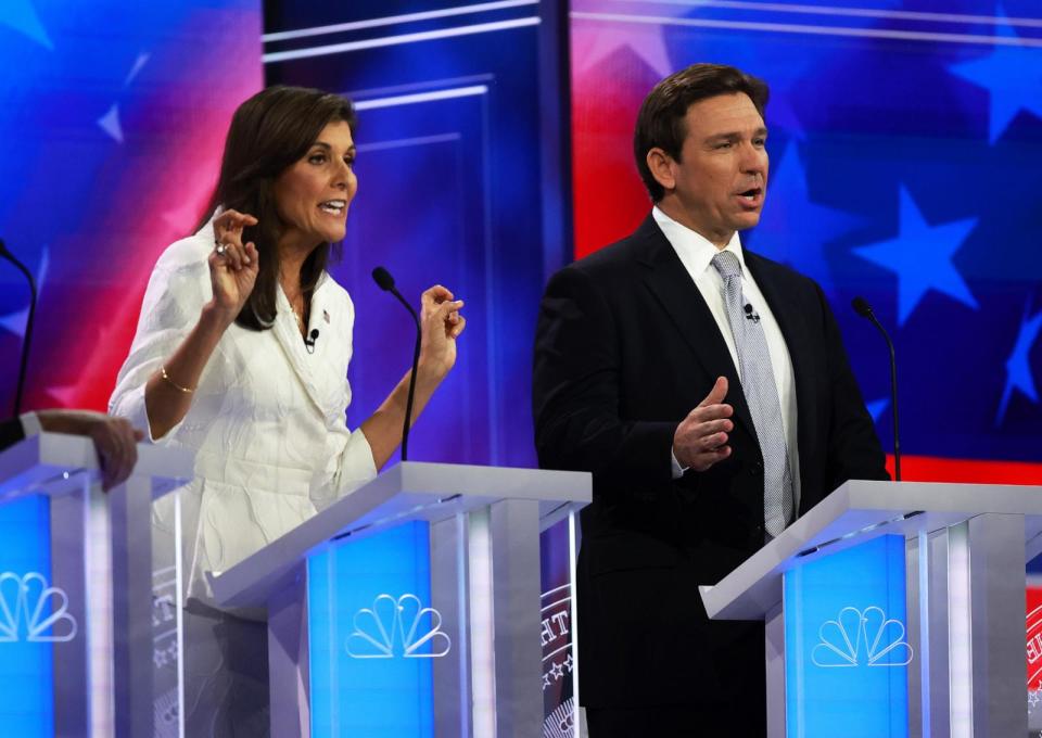 PHOTO: Republican presidential candidates former U.N. Ambassador Nikki Haley and Florida Gov. Ron DeSantis participate in the NBC News Republican Presidential Primary Debate on Nov. 8, 2023, in Miami, Fla. (Joe Raedle/Getty Images, FILE)