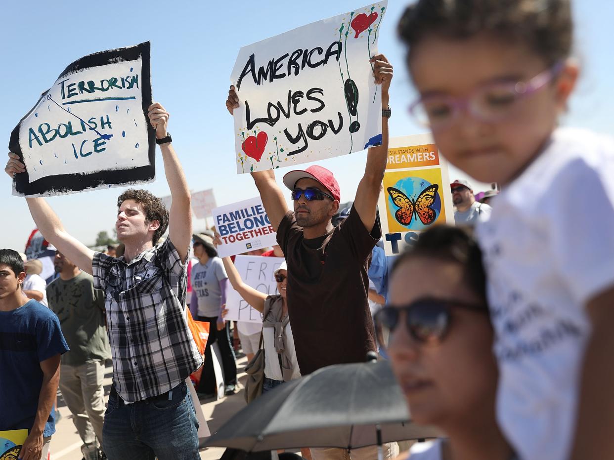 People protest near the tent encampment recently built at the Tornillo-Guadalupe Port of Entry on June 24, 2018 in Tornillo, Texas.  (Getty Images)
