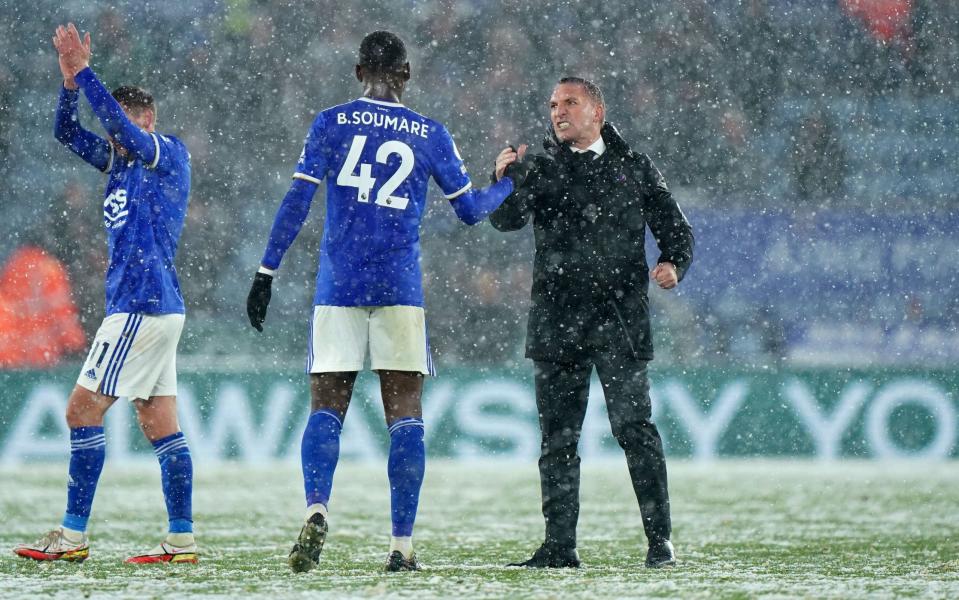 Leicester City's Boubakary Soumare shakes hands with manager Brendan Rodgers after the Premier League match at the King Power Stadium, Watford. Picture date: Sunday November 28, 2021 - Leicester City spoil Claudio Ranieri's return to King Power by dispatching Watford - PA