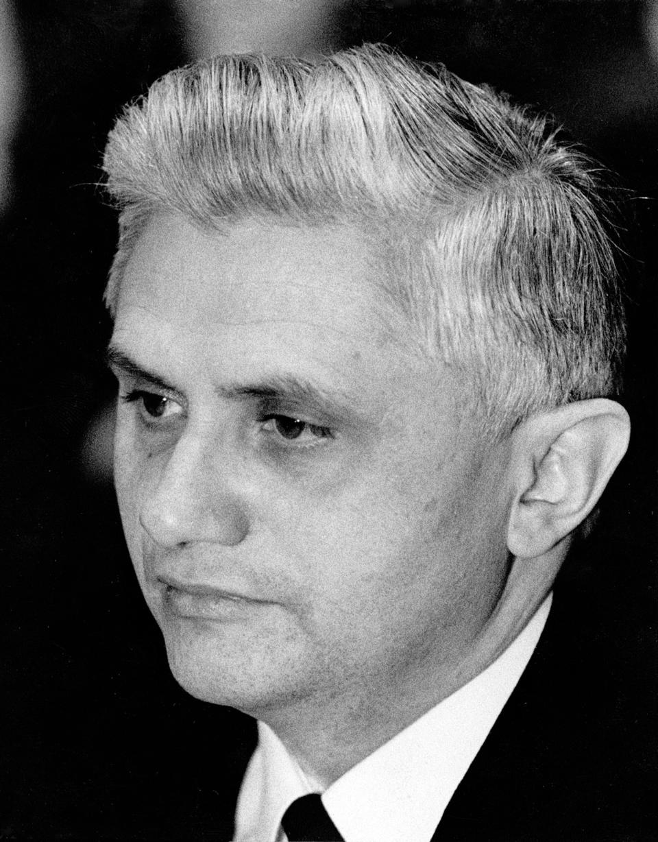 FILE - The archbishop of Munich and Freising, Joseph Ratzinger, on June 22, 1977, in Munich, Germany, who is to be elevated to cardinal by Pope Paul VI on Monday, June 27, 1977. When Cardinal Joseph Ratzinger became Pope Benedict XVI and was thrust into the footsteps of his beloved and charismatic predecessor, he said he felt a guillotine had come down on him. The Vatican announced Saturday Dec. 31, 2022 that Benedict, the former Joseph Ratzinger, had died at age 95. (AP Photo, File)