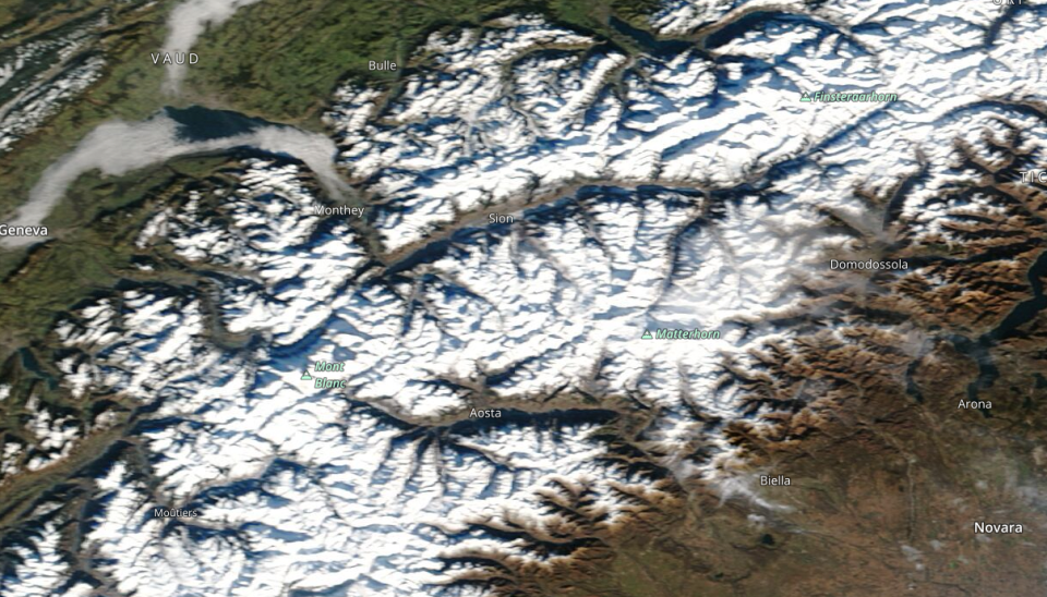 A satellite image of the Alps in 2022